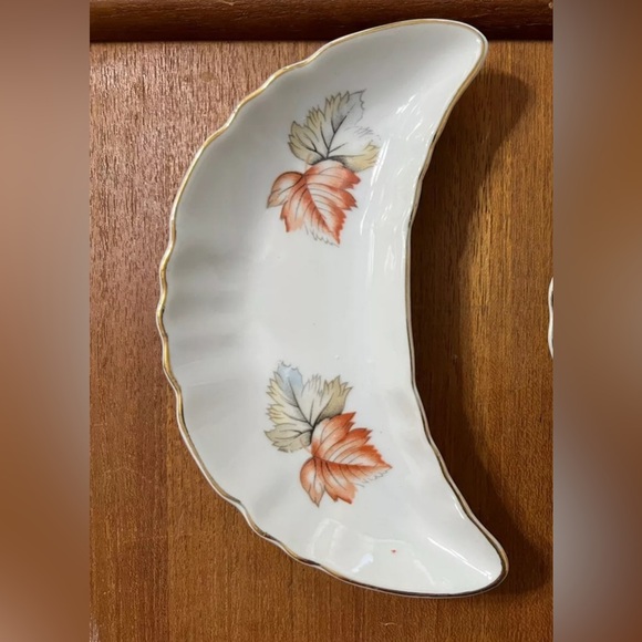 Vintage Bone Dish Crescent Moon Set 2 Chadwick Japan MCM Floral Rose Maple Gold - Picture 4 of 10